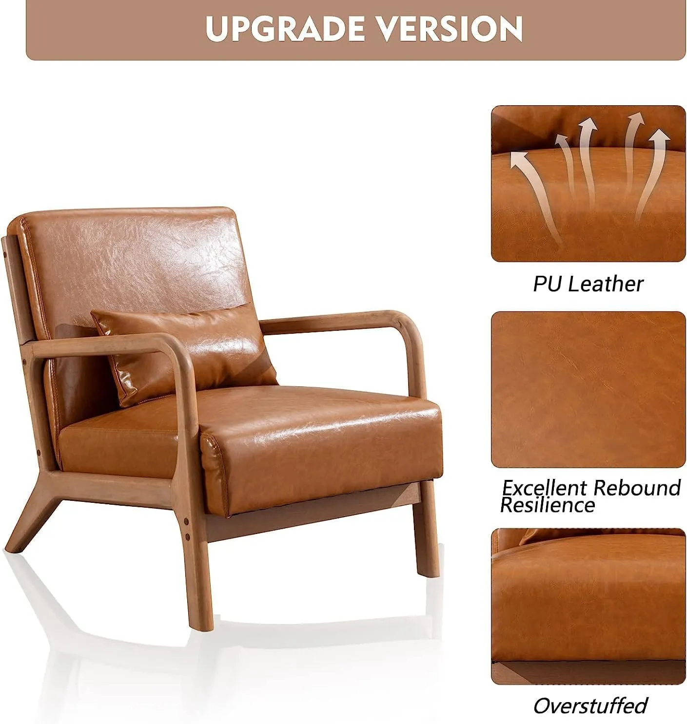 ANJHOME Mid Century Modern Accent Chair, PU Leather Reading Chair with Solid Wood Frame, Easy Assembly Armchair for Living Room