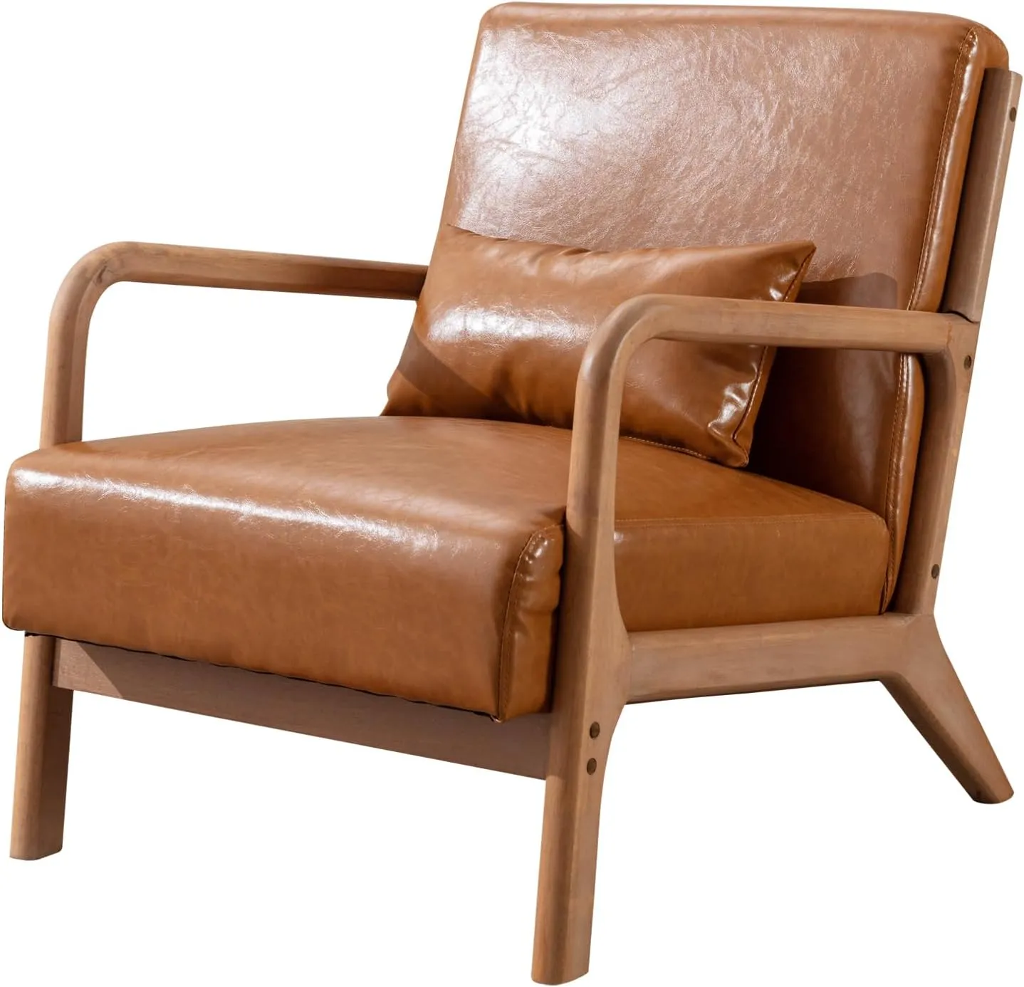 ANJHOME Mid Century Modern Accent Chair, PU Leather Reading Chair with Solid Wood Frame, Easy Assembly Armchair for Living Room