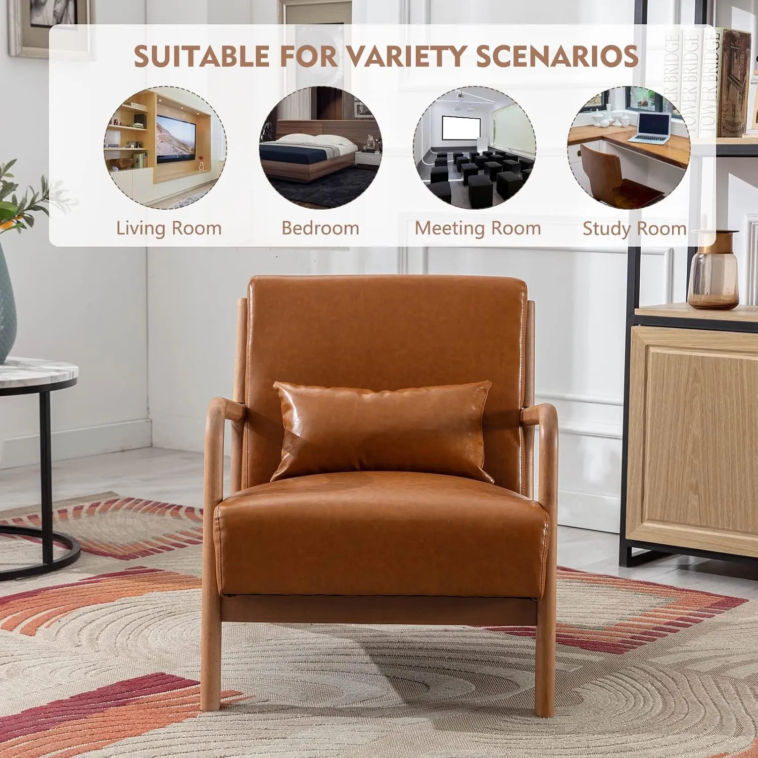 ANJHOME Mid Century Modern Accent Chair, PU Leather Reading Chair with Solid Wood Frame, Easy Assembly Armchair for Living Room