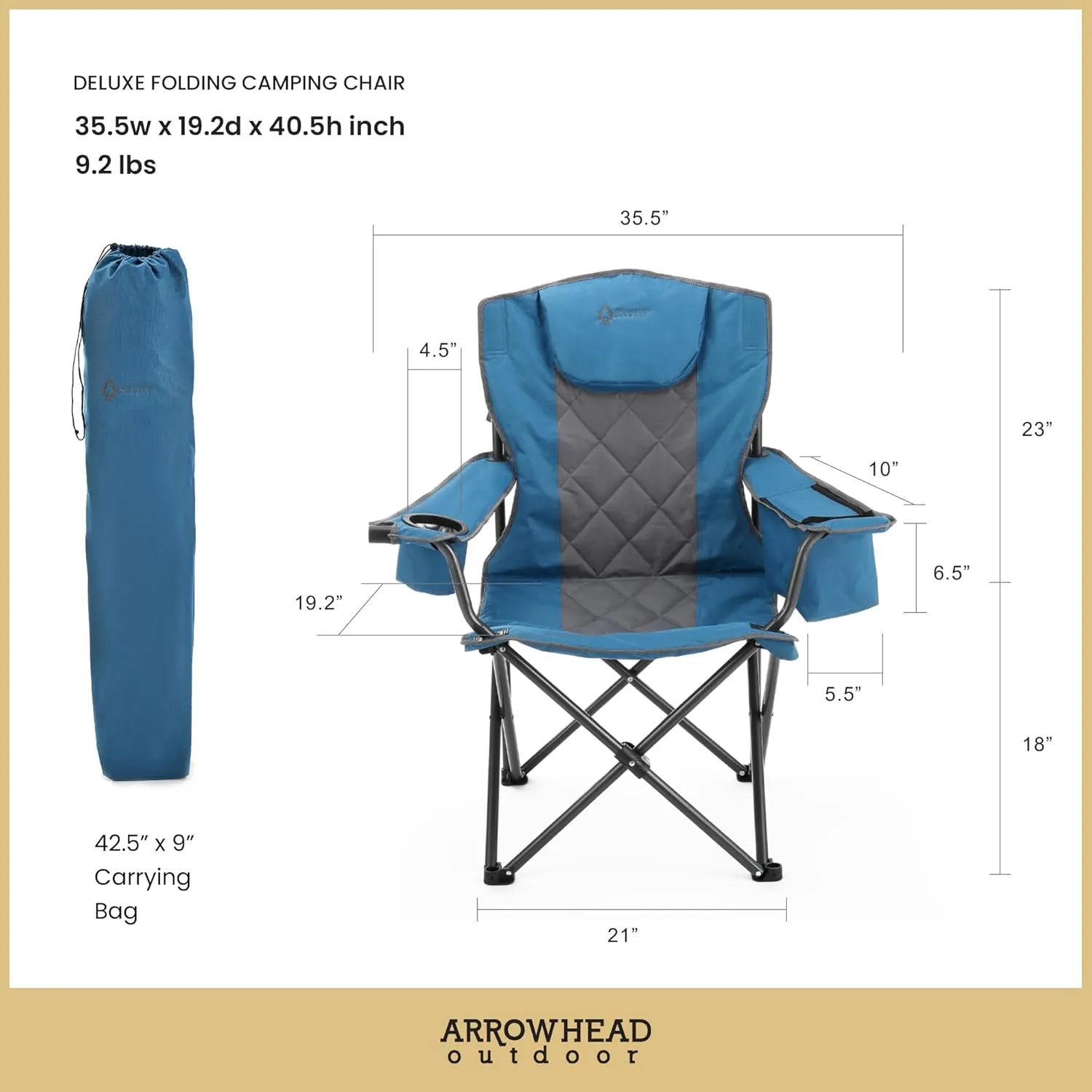 ARROWHEAD OUTDOOR 2-Pack Portable Folding Camping Quad Chair w/ 6-Can Cooler, Cup & Wine Glass Holders, Heavy-Duty Carrying Bag, Padded Armrests, Headrest & Seat, Supports up to 550lbs