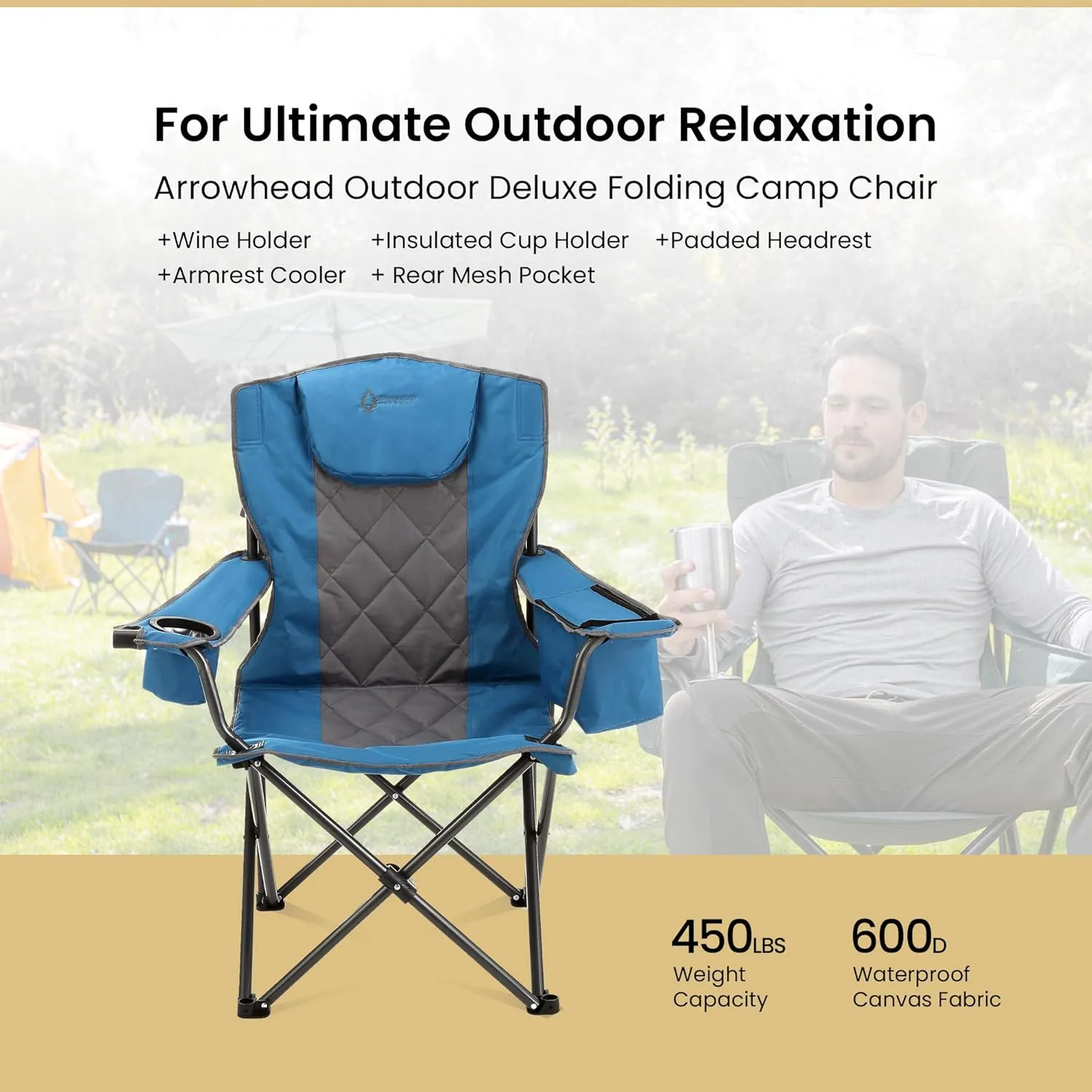 ARROWHEAD OUTDOOR 2-Pack Portable Folding Camping Quad Chair w/ 6-Can Cooler, Cup & Wine Glass Holders, Heavy-Duty Carrying Bag, Padded Armrests, Headrest & Seat, Supports up to 550lbs