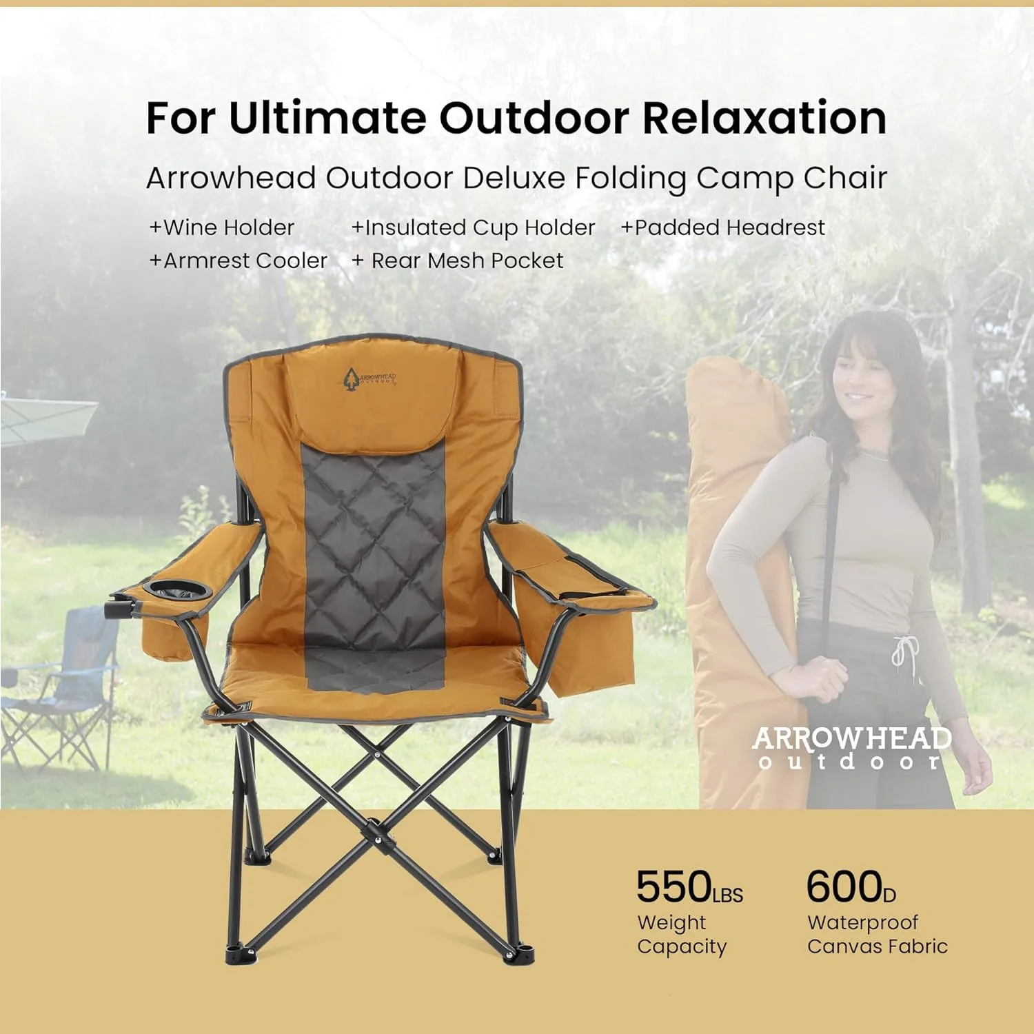 ARROWHEAD OUTDOOR 2-Pack Portable Folding Camping Quad Chair w/ 6-Can Cooler, Cup & Wine Glass Holders, Heavy-Duty Carrying Bag, Padded Armrests, Headrest & Seat, Supports up to 550lbs