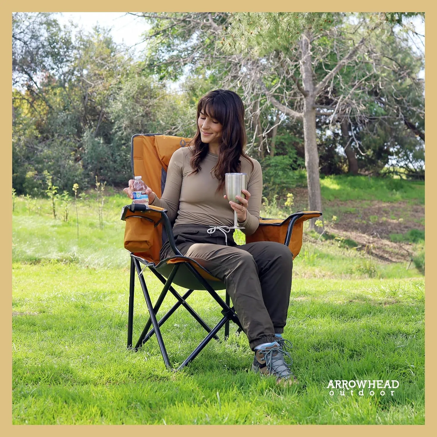 ARROWHEAD OUTDOOR 2-Pack Portable Folding Camping Quad Chair w/ 6-Can Cooler, Cup & Wine Glass Holders, Heavy-Duty Carrying Bag, Padded Armrests, Headrest & Seat, Supports up to 550lbs