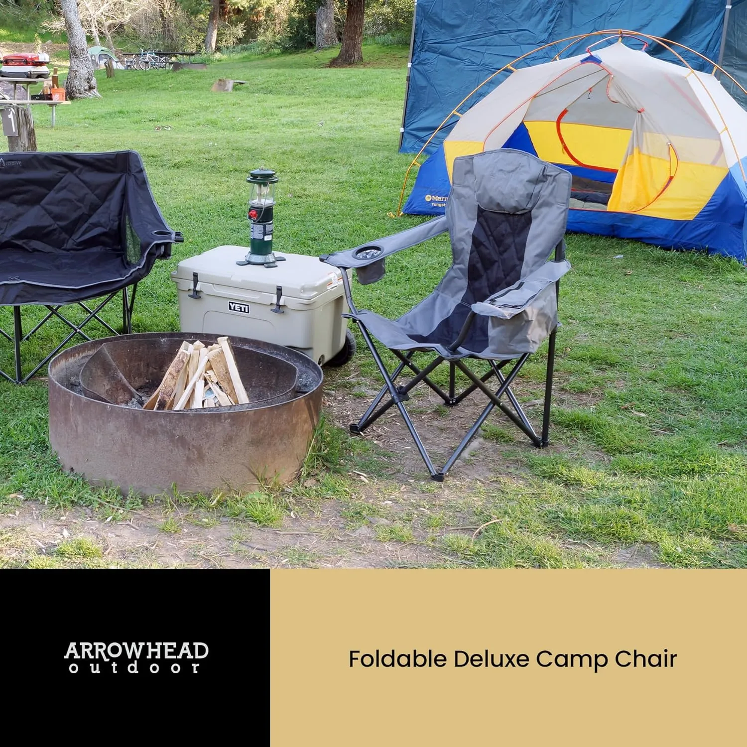 ARROWHEAD OUTDOOR 2-Pack Portable Folding Camping Quad Chair w/ 6-Can Cooler, Cup & Wine Glass Holders, Heavy-Duty Carrying Bag, Padded Armrests, Headrest & Seat, Supports up to 550lbs