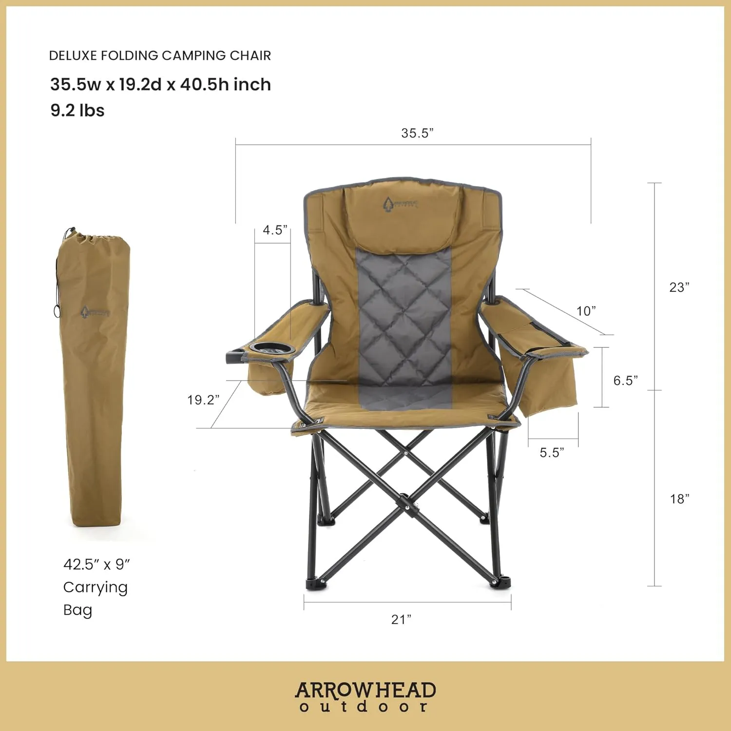 ARROWHEAD OUTDOOR 2-Pack Portable Folding Camping Quad Chair w/ 6-Can Cooler, Cup & Wine Glass Holders, Heavy-Duty Carrying Bag, Padded Armrests, Headrest & Seat, Supports up to 550lbs