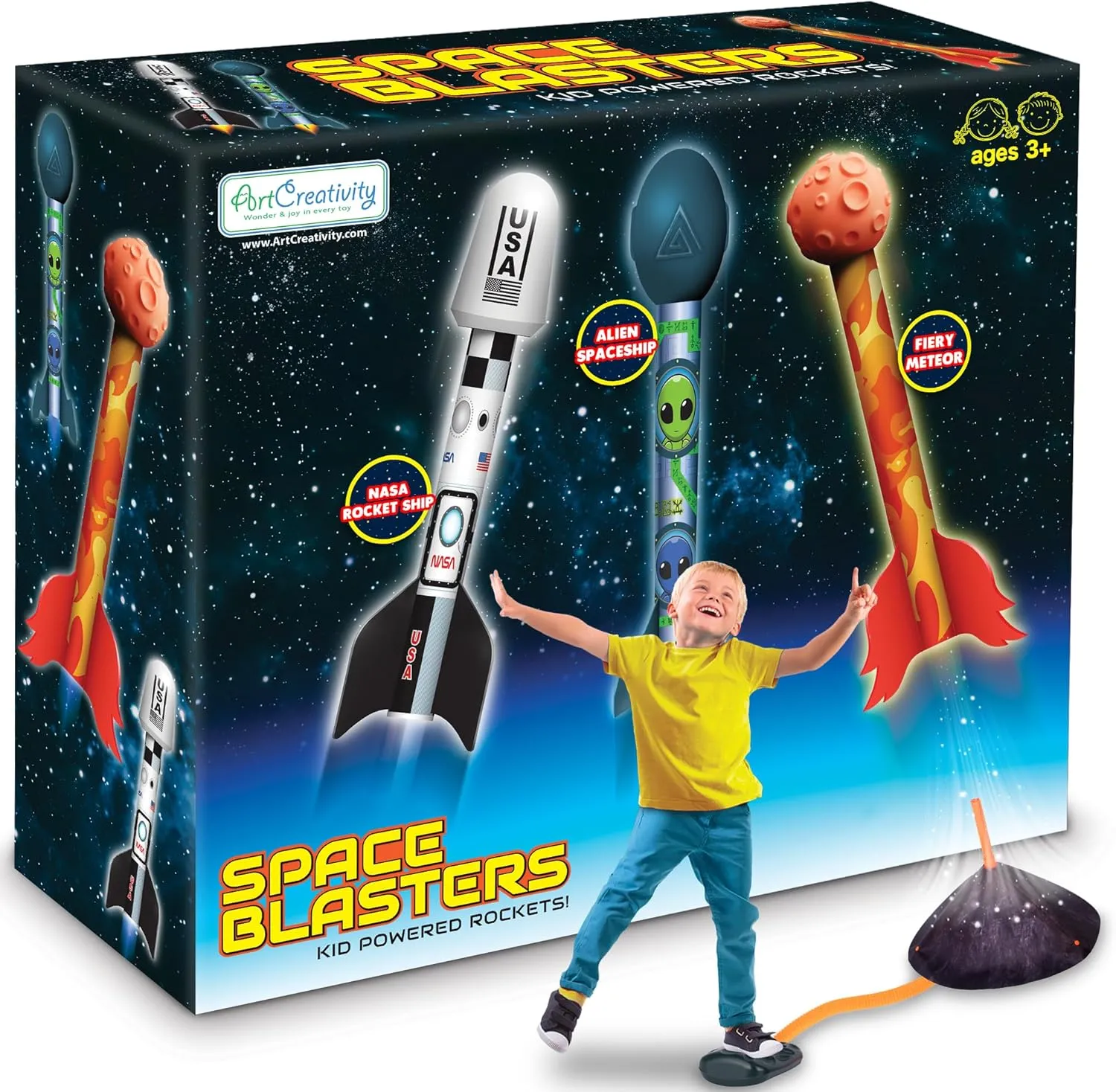 ArtCreativity Space Rocket Launcher for Kids - Includes 3 Foam Rocks, Base & Pad - Jump Rocket Launchers for Toddlers & Kids Ages 3-8 - Outdoor Toys