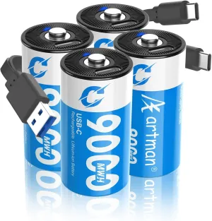 Artman Rechargeable Lithium C Batteries 4 Pack, 1.5V C Cell Batteries with 2 in 1 USB-C Charging Cable, 9000mWh High Capacity Size C Li-ion Battery for Floodlight Toys, Recharge up to 1200  Cycles