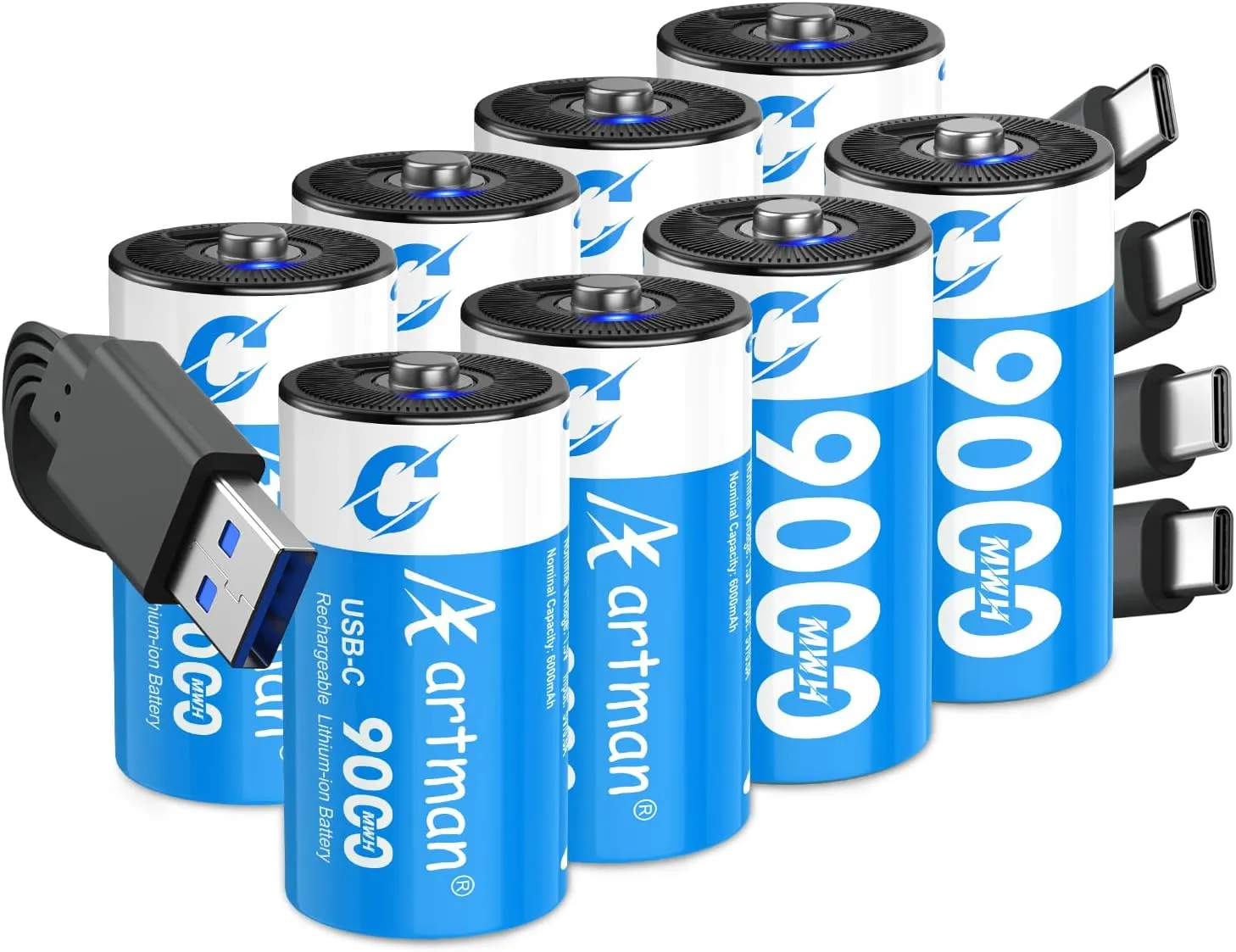 Artman Rechargeable Lithium C Batteries 8 Pack, 1.5V C Cell Batteries with 4 in 1 USB-C Charging Cable, 9000mWh High Capacity Size C Li-ion Battery for Floodlight Toys, Recharge up to 1200  Cycles