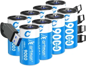 Artman Rechargeable Lithium C Batteries 8 Pack, 1.5V C Cell Batteries with 4 in 1 USB-C Charging Cable, 9000mWh High Capacity Size C Li-ion Battery for Floodlight Toys, Recharge up to 1200  Cycles