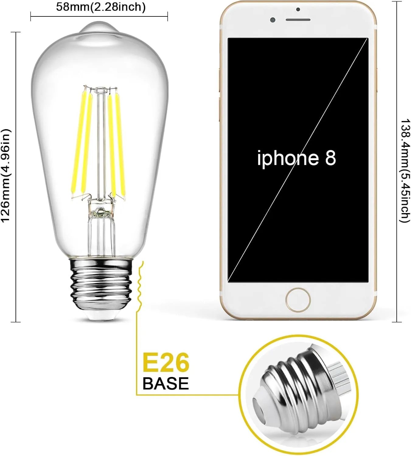 Ascher Vintage LED Edison Bulbs, 6W, Equivalent 60W, Non-Dimmable, Daylight 5000K, 700Lumens, ST58 Antique LED Filament Bulbs with 80  CRI, E26 Medium Base, Clear Glass, Pack of 12