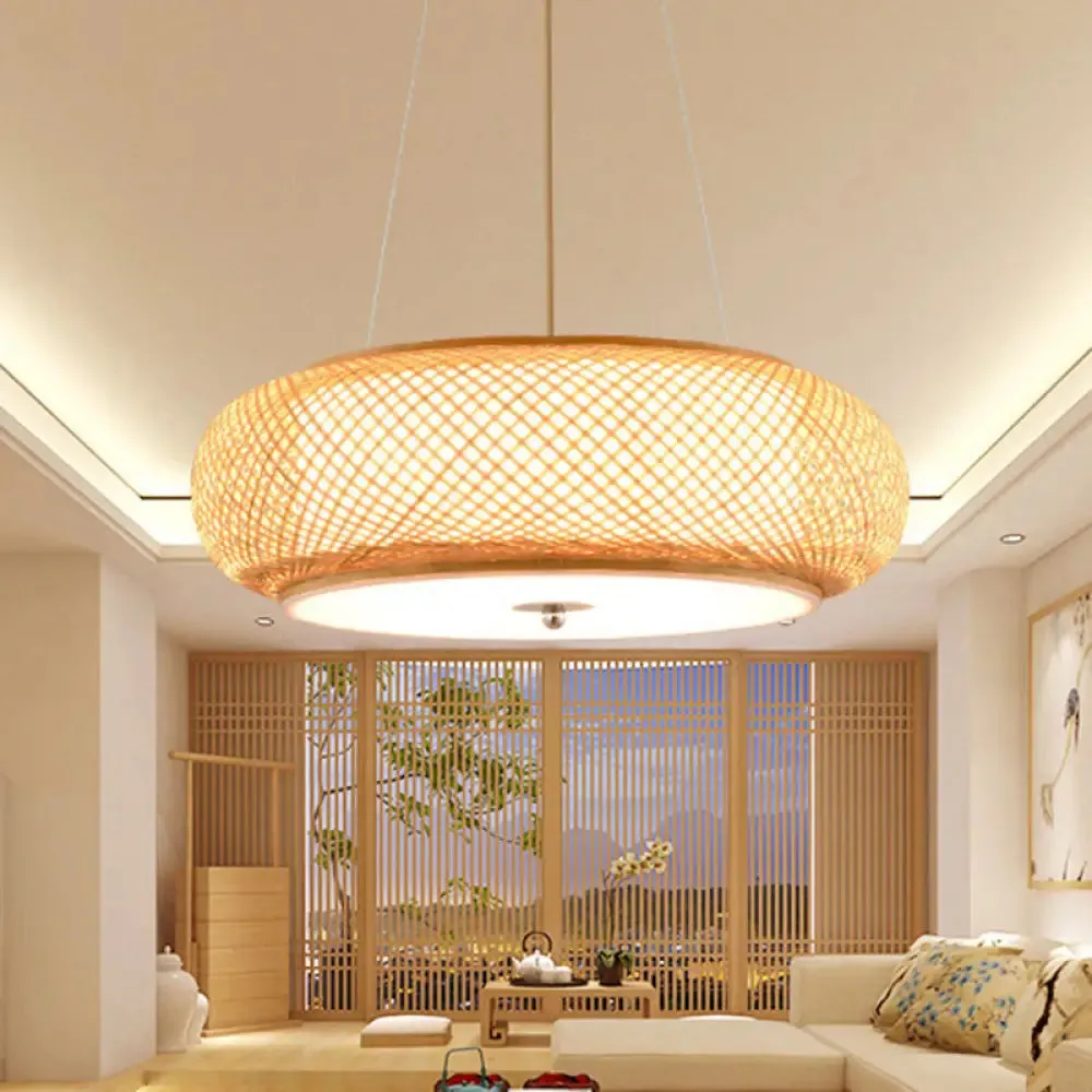 Asia Bamboo Round Hanging Light Fixture - Wood Ceiling Pendant with 1 Bulb for Living Room