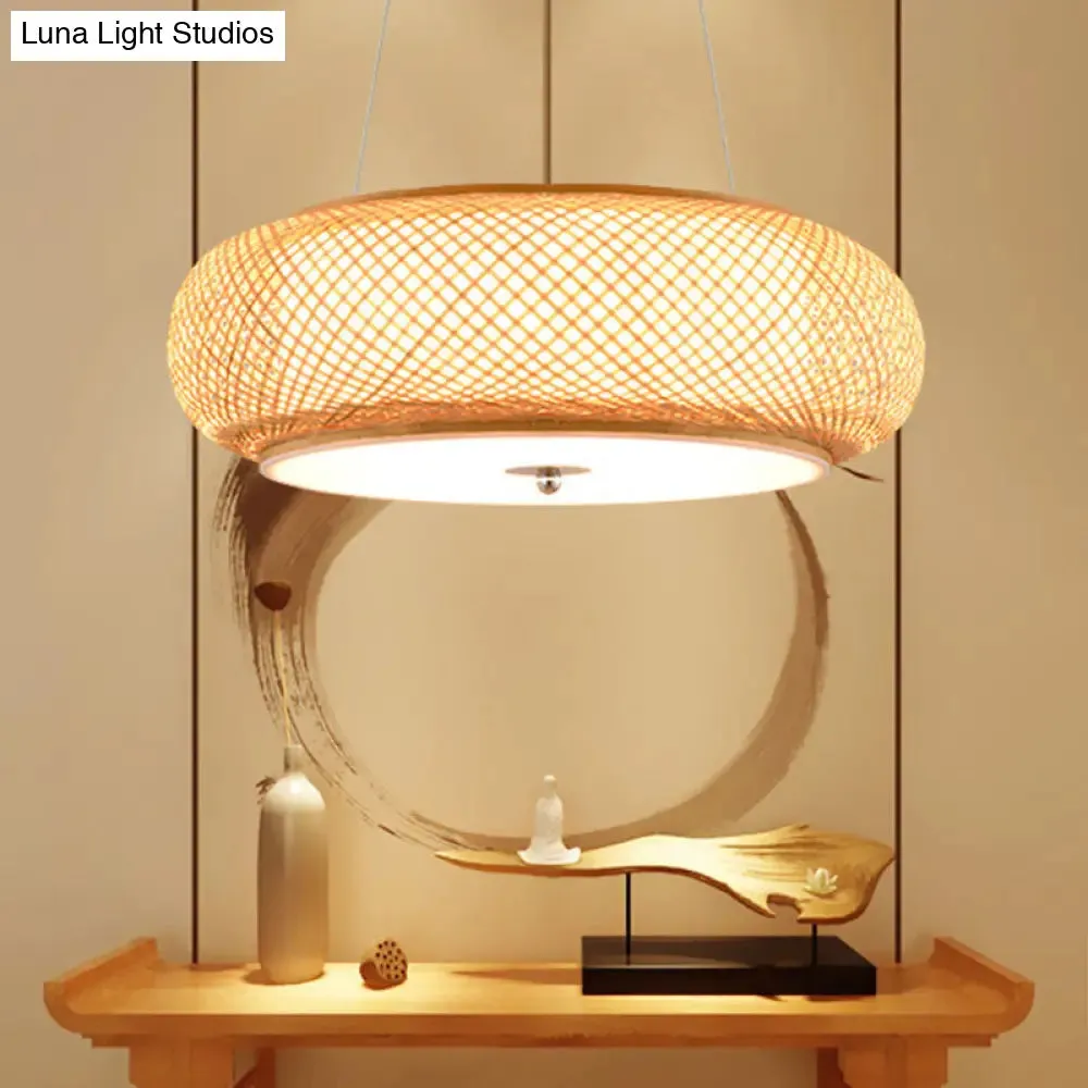 Asia Bamboo Round Hanging Light Fixture - Wood Ceiling Pendant with 1 Bulb for Living Room