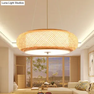 Asia Bamboo Round Hanging Light Fixture - Wood Ceiling Pendant with 1 Bulb for Living Room