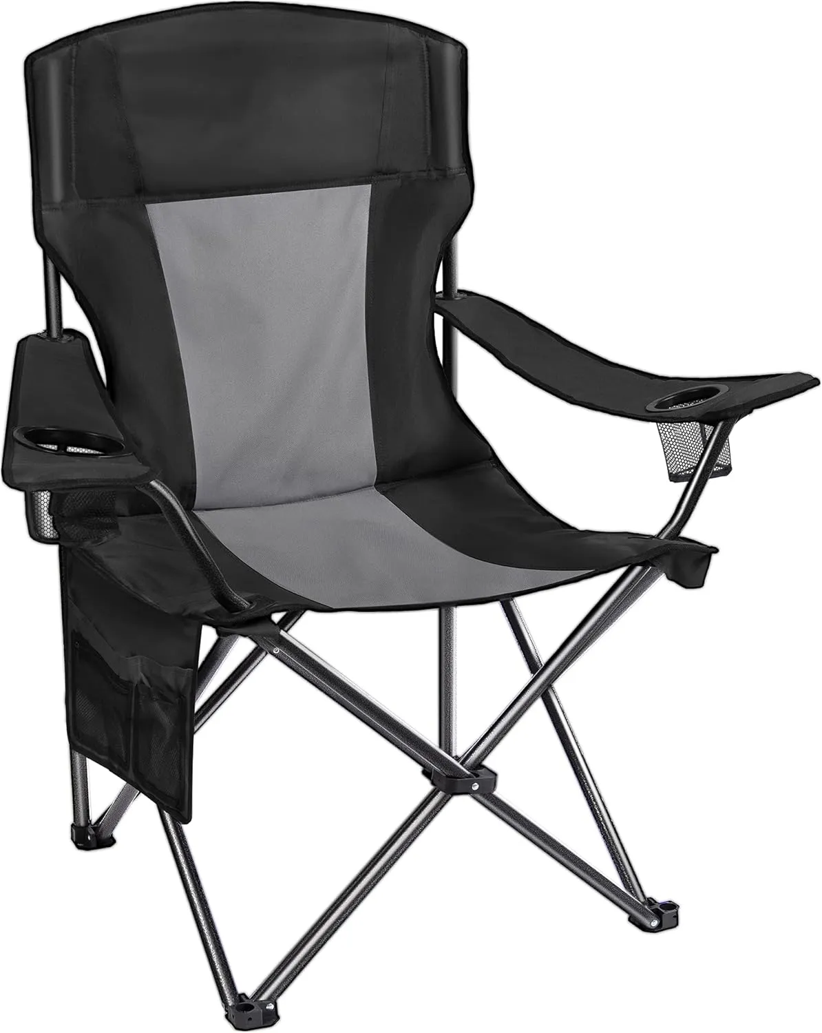 AsterOutdoor Camping Folding Chair Padded Quad Arm Chair with Large Cup Holders, Side Organizer & Back Pocket for Outdoor, Camp, Indoor, Patio, Fishing, Supports 350lbs , Black and Gray