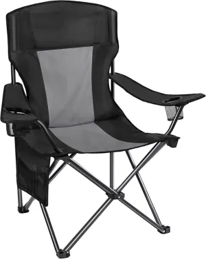 AsterOutdoor Camping Folding Chair Padded Quad Arm Chair with Large Cup Holders, Side Organizer & Back Pocket for Outdoor, Camp, Indoor, Patio, Fishing, Supports 350lbs , Black and Gray