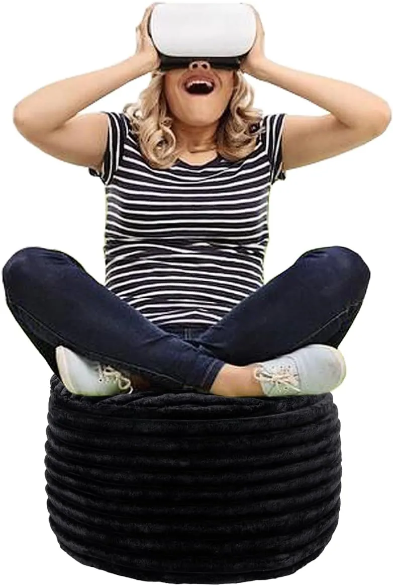 Asuprui Pouf Ottoman Stuffed Footstool Floor Pouf Foot Rest 20x12 Inches Round Poof Seat Floor Bean Bag Chair Foldable Floor Chair Storage for Living Room Bedroom Black Stripe Pouf with Filler