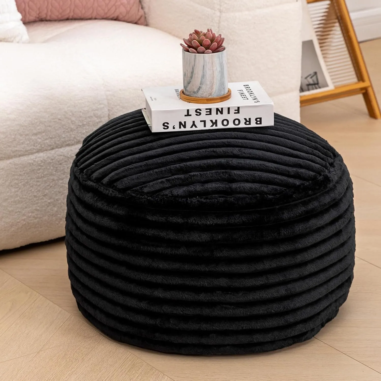 Asuprui Pouf Ottoman Stuffed Footstool Floor Pouf Foot Rest 20x12 Inches Round Poof Seat Floor Bean Bag Chair Foldable Floor Chair Storage for Living Room Bedroom Black Stripe Pouf with Filler