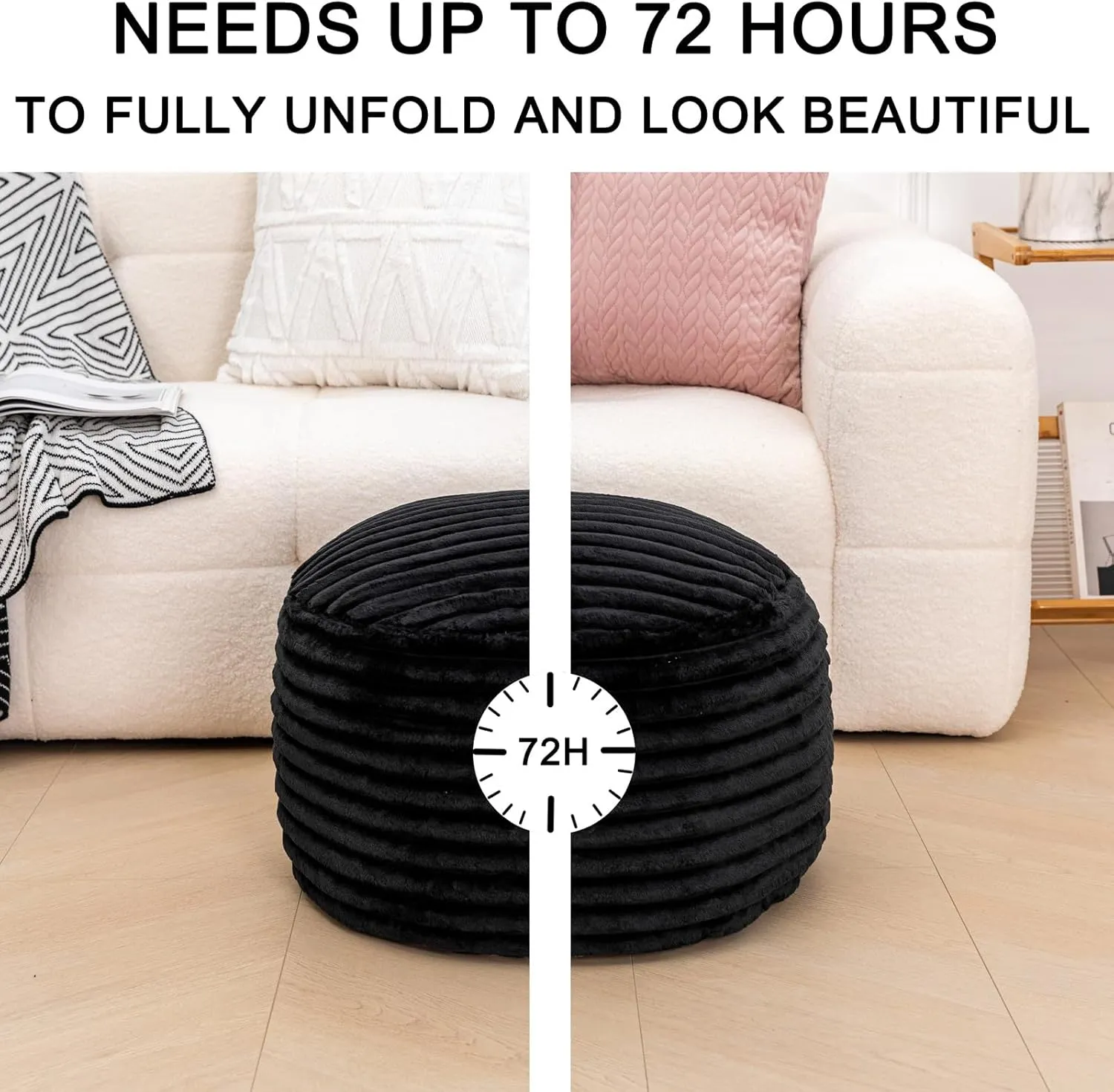 Asuprui Pouf Ottoman Stuffed Footstool Floor Pouf Foot Rest 20x12 Inches Round Poof Seat Floor Bean Bag Chair Foldable Floor Chair Storage for Living Room Bedroom Black Stripe Pouf with Filler