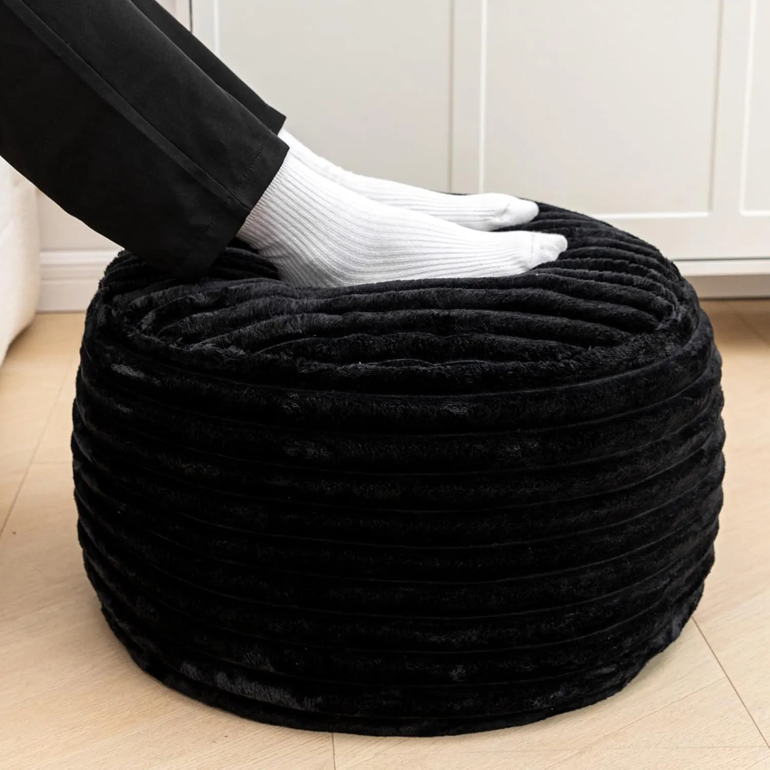 Asuprui Pouf Ottoman Stuffed Footstool Floor Pouf Foot Rest 20x12 Inches Round Poof Seat Floor Bean Bag Chair Foldable Floor Chair Storage for Living Room Bedroom Black Stripe Pouf with Filler