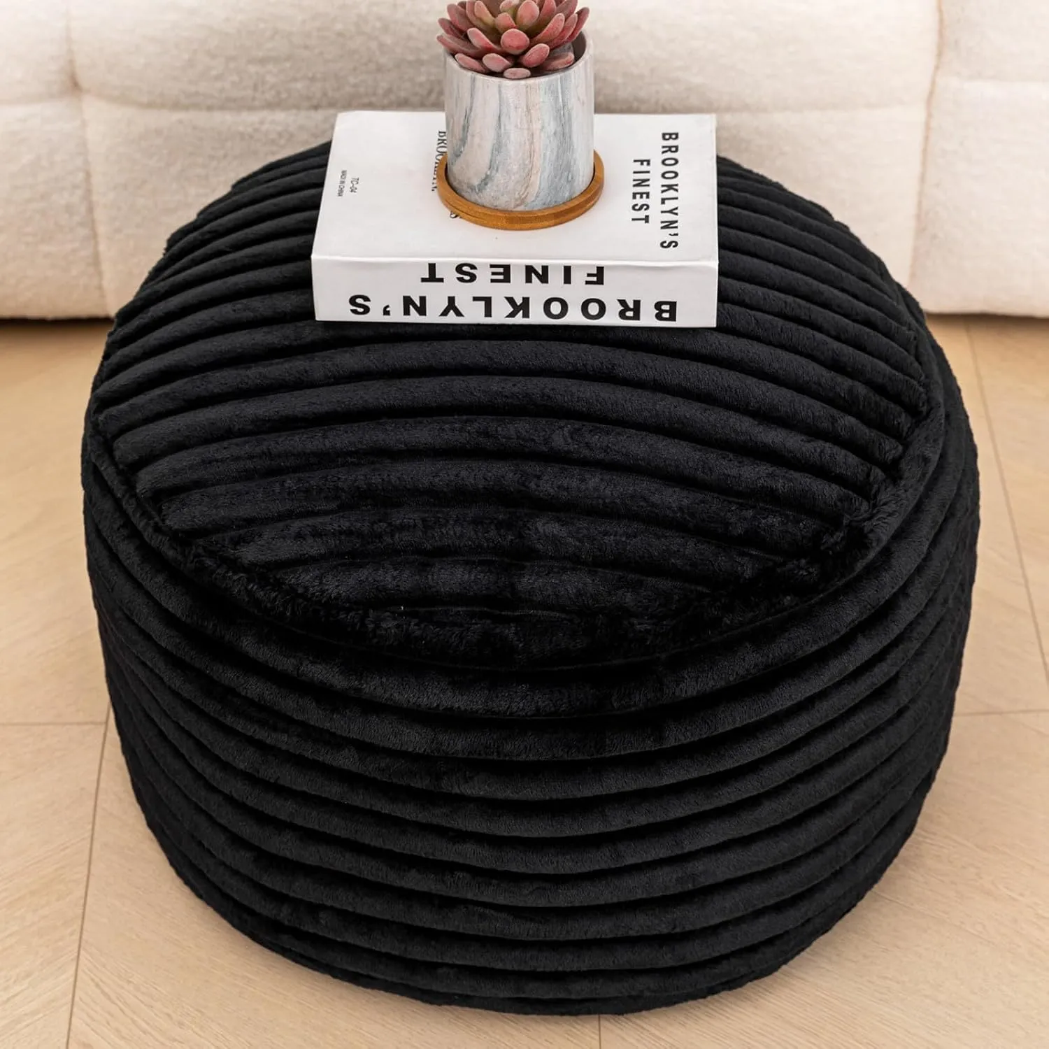 Asuprui Pouf Ottoman Stuffed Footstool Floor Pouf Foot Rest 20x12 Inches Round Poof Seat Floor Bean Bag Chair Foldable Floor Chair Storage for Living Room Bedroom Black Stripe Pouf with Filler