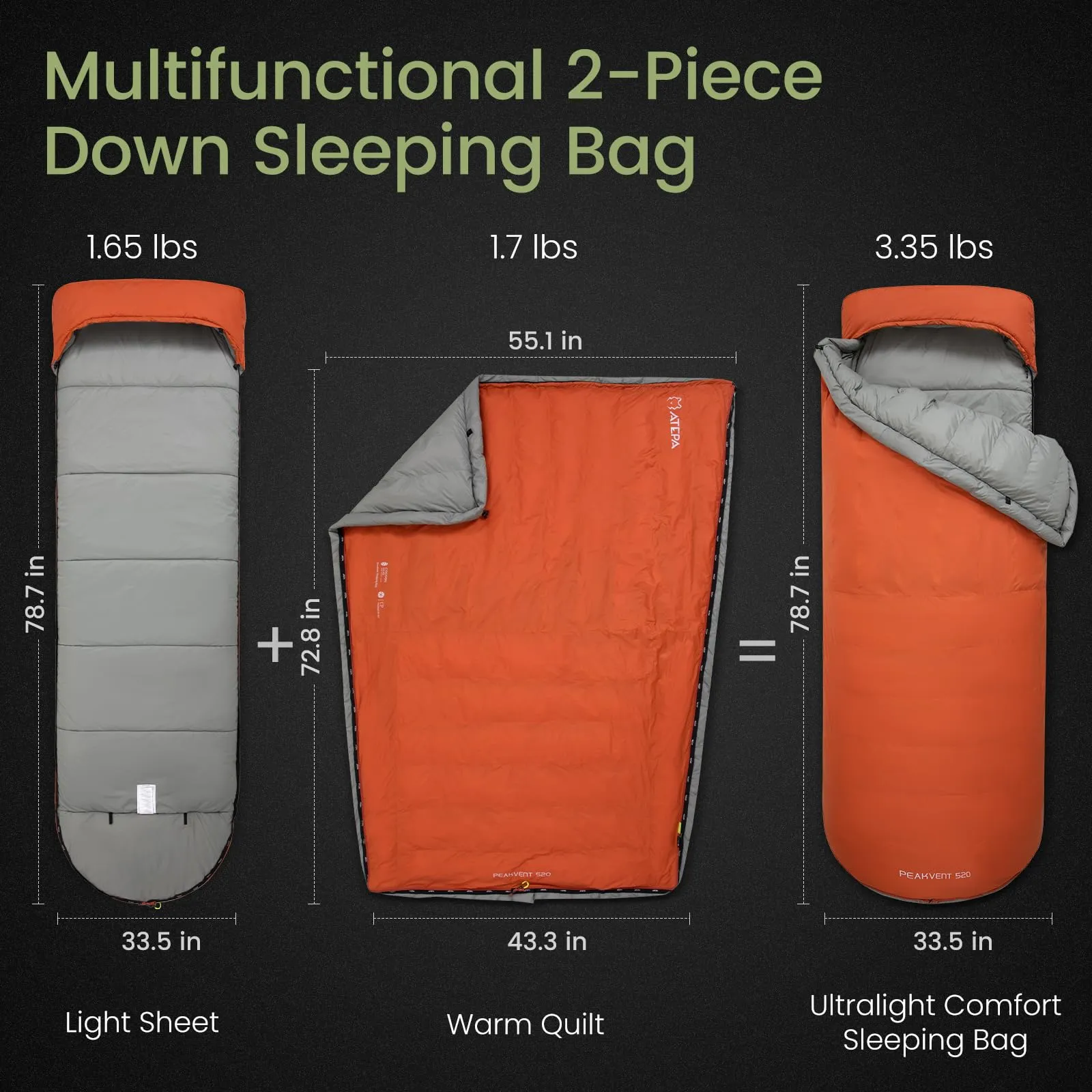 ATEPA Ultimate Backpacking Sleep System Bundle – 3-in-1 Down Sleeping Bag & All-Season Insulated Sleeping Pad