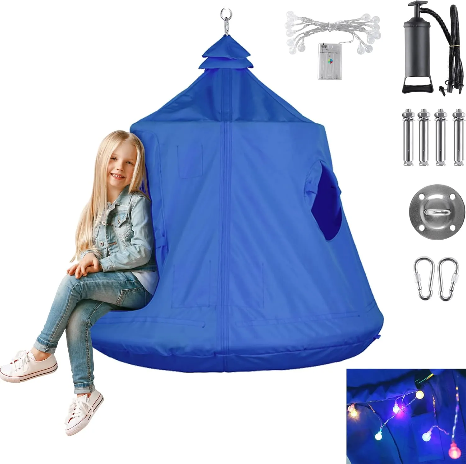 AthLike Hanging Tree Tent for Kid, Indoor Outdoor Hanging Tent, Waterproof Tree Ceiling Pod, Portable Hang Out Huggle Pod Play Tent w/Rainbow Lights String, Inflatable Base, 45" H x 44" W 330lbs
