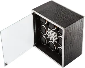 Automatic Watch Winder for 8 Watches Watch Winding Box in Wood Shell and Black Leather with LED Lights and Silent Motor 5 Rotation Mode Fit Lady and Man Watches