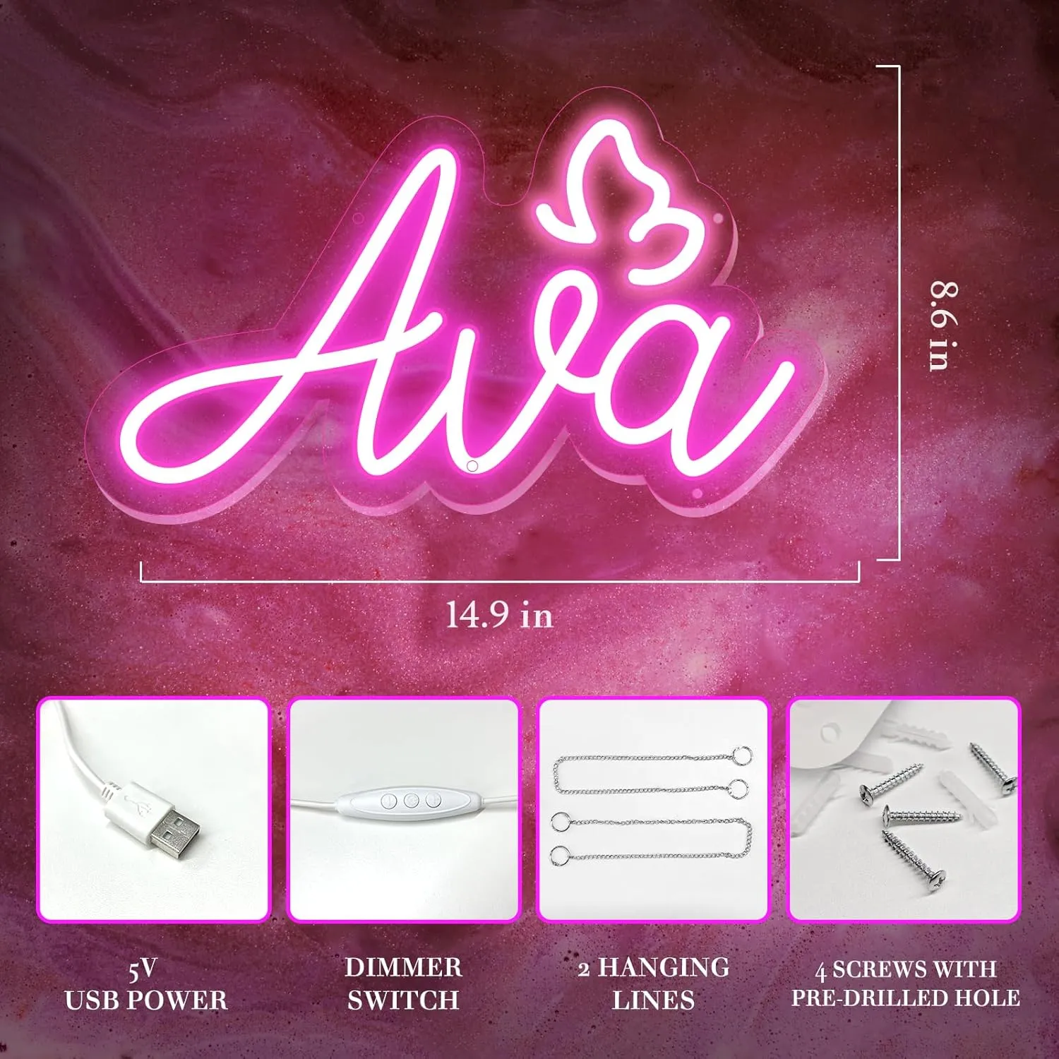 Ava Name Neon Sign, Birthday Gifts for Kids Teens Girls Boys, Ava Neon Signs for Wall Decor, USB LED Dimmer Neon Lights for Bedroom Dorm Room