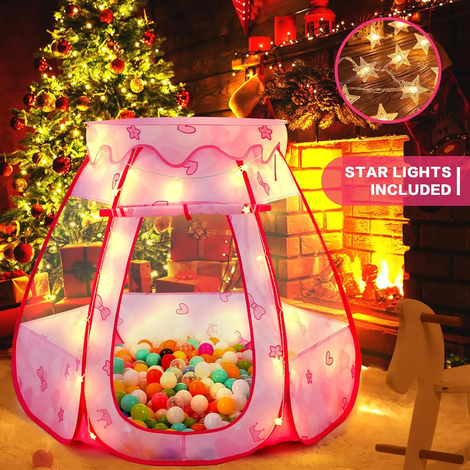 Baby Ball Pit for Toddler: with Star Lights - Pop Up Princess Play Tent for Kids - Indoor Outdoor Baby Girl Toys Birthday Gifts - NO Balls (Dreamy Pink Tent)