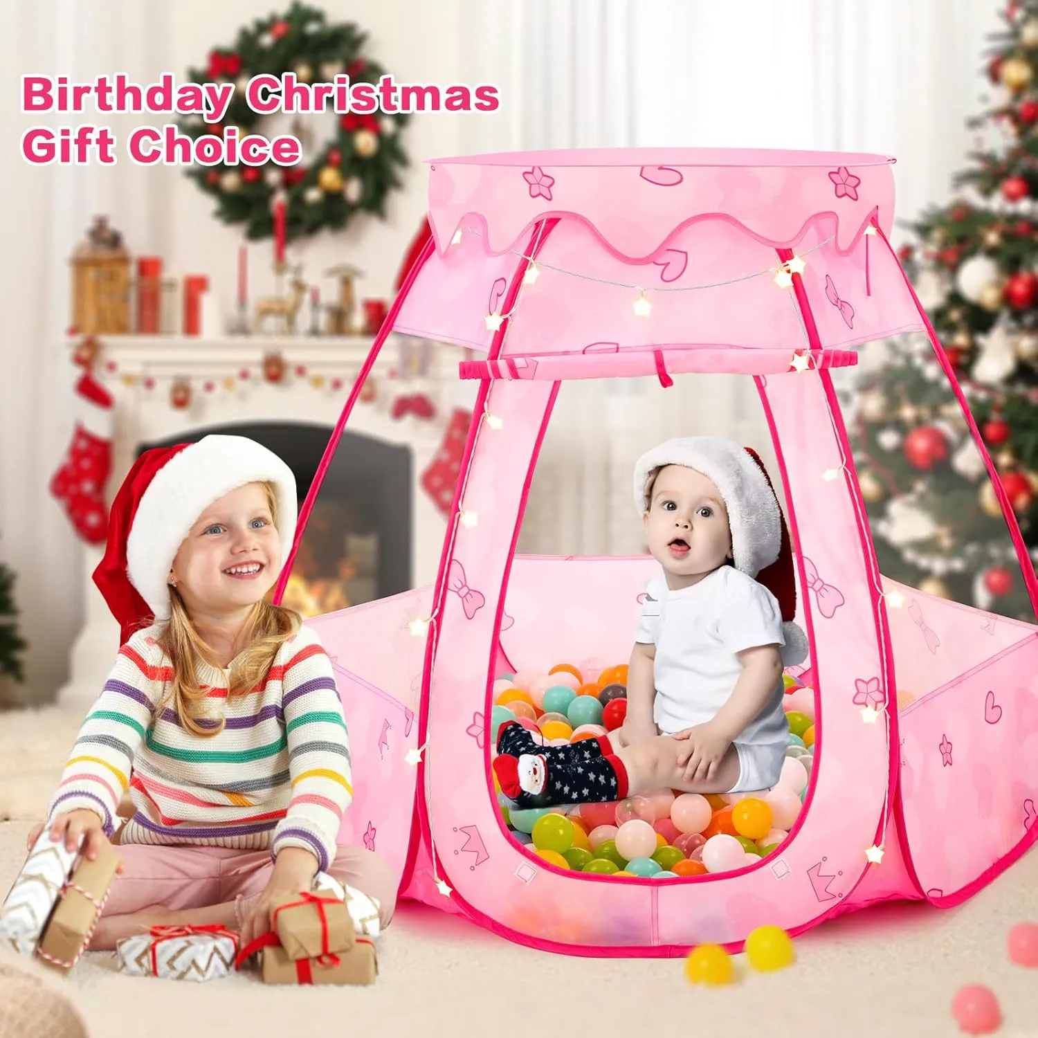 Baby Ball Pit for Toddler: with Star Lights - Pop Up Princess Play Tent for Kids - Indoor Outdoor Baby Girl Toys Birthday Gifts - NO Balls (Dreamy Pink Tent)