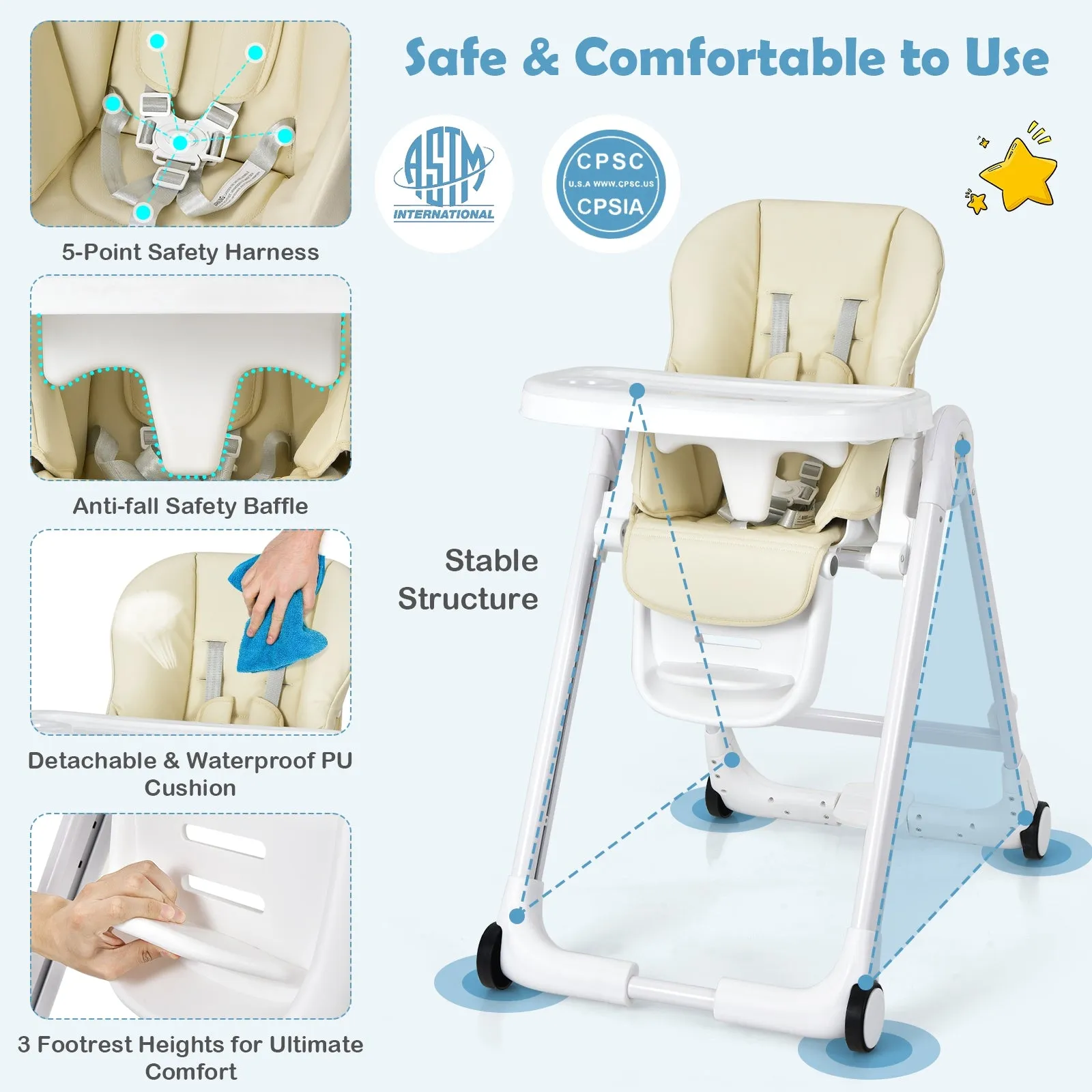 Baby Folding Convertible High Chair with Wheels and Adjustable Height-Beige