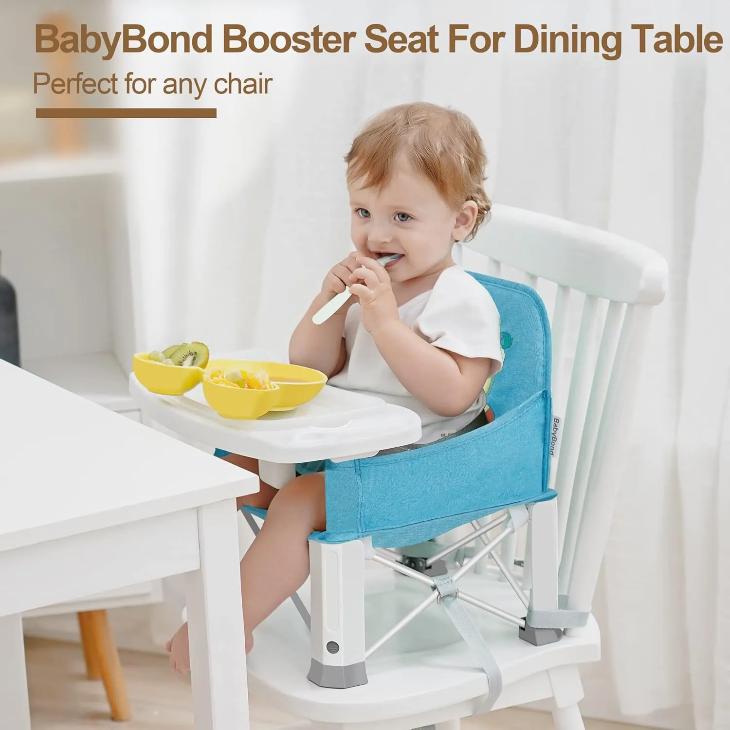 Baby Travel Booster Seat with Double Tray, BabyBond Upgraded Toddler Portable Baby Chair, Booster Seat for Dining Table, Stable and Foldable Booster Baby Chair for Indoor/Outdoor (Blue Sea World)
