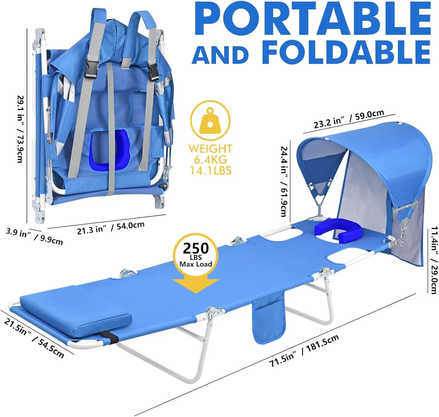 Backpack Beach Tanning Chair with Canopy Sun Shade & Face Hole, 6 Position Folding Lounge Sun Chair for Adults Outside Reading Sunbathing Poolside Camping Lawn, UPF 50 , 2 Pack, Patent Design
