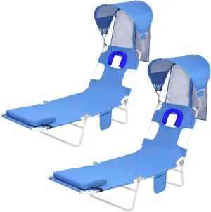 Backpack Beach Tanning Chair with Canopy Sun Shade & Face Hole, 6 Position Folding Lounge Sun Chair for Adults Outside Reading Sunbathing Poolside Camping Lawn, UPF 50 , 2 Pack, Patent Design
