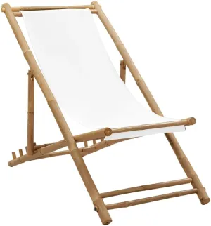Bamboo and Canvas Deck Chair Adjustable Patio Lounge Chair White Outdoor Furniture with 4 Position Settings, Foldable, Comfortable, and Durable for Garden, Beach, and Relaxing Outdoors