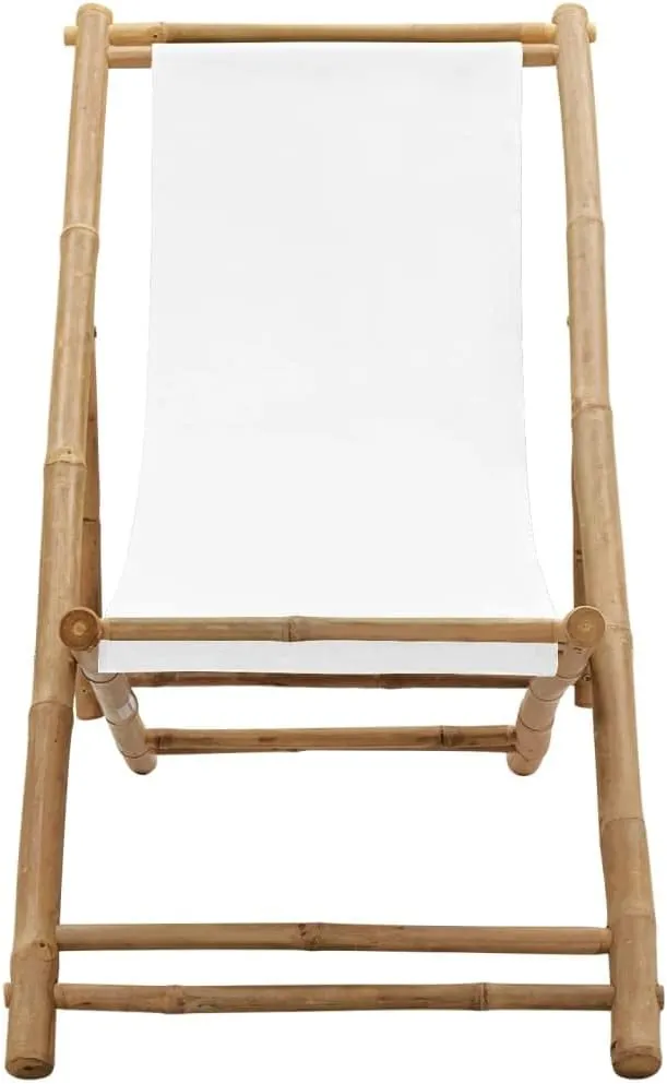 Bamboo and Canvas Deck Chair Adjustable Patio Lounge Chair White Outdoor Furniture with 4 Position Settings, Foldable, Comfortable, and Durable for Garden, Beach, and Relaxing Outdoors