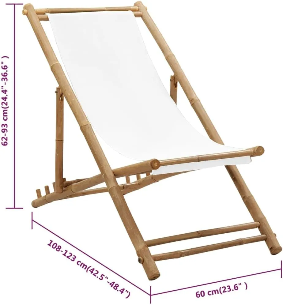 Bamboo and Canvas Deck Chair Adjustable Patio Lounge Chair White Outdoor Furniture with 4 Position Settings, Foldable, Comfortable, and Durable for Garden, Beach, and Relaxing Outdoors