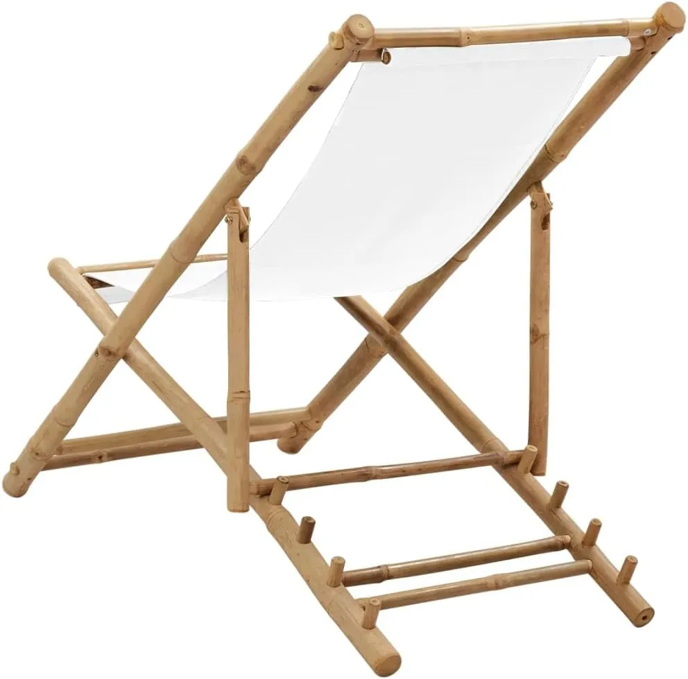 Bamboo and Canvas Deck Chair Adjustable Patio Lounge Chair White Outdoor Furniture with 4 Position Settings, Foldable, Comfortable, and Durable for Garden, Beach, and Relaxing Outdoors