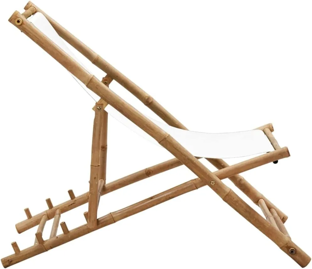 Bamboo and Canvas Deck Chair Adjustable Patio Lounge Chair White Outdoor Furniture with 4 Position Settings, Foldable, Comfortable, and Durable for Garden, Beach, and Relaxing Outdoors