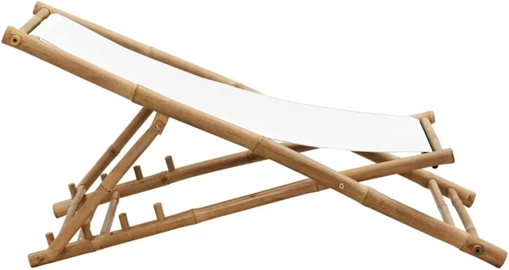 Bamboo and Canvas Deck Chair Adjustable Patio Lounge Chair White Outdoor Furniture with 4 Position Settings, Foldable, Comfortable, and Durable for Garden, Beach, and Relaxing Outdoors