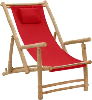 Bamboo Deck Chair Adjustable Lounge Red Foldable Beach Chair with Armrests Patio Furniture for Outdoor Garden Relaxing