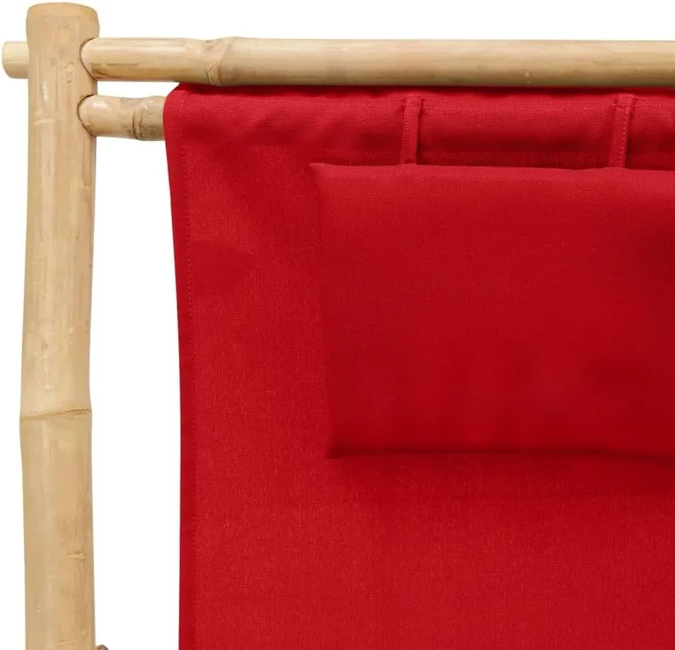 Bamboo Deck Chair Adjustable Lounge Red Foldable Beach Chair with Armrests Patio Furniture for Outdoor Garden Relaxing