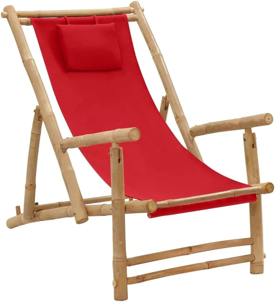 Bamboo Deck Chair Adjustable Lounge Red Foldable Beach Chair with Armrests Patio Furniture for Outdoor Garden Relaxing