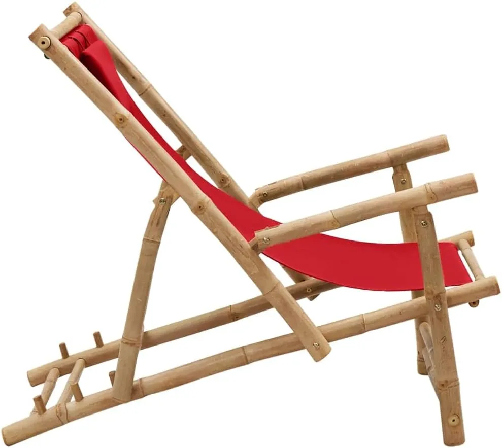 Bamboo Deck Chair Adjustable Lounge Red Foldable Beach Chair with Armrests Patio Furniture for Outdoor Garden Relaxing