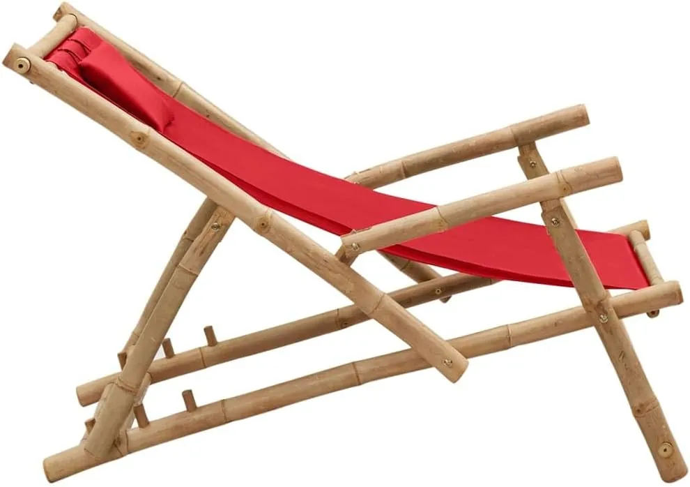 Bamboo Deck Chair Adjustable Lounge Red Foldable Beach Chair with Armrests Patio Furniture for Outdoor Garden Relaxing