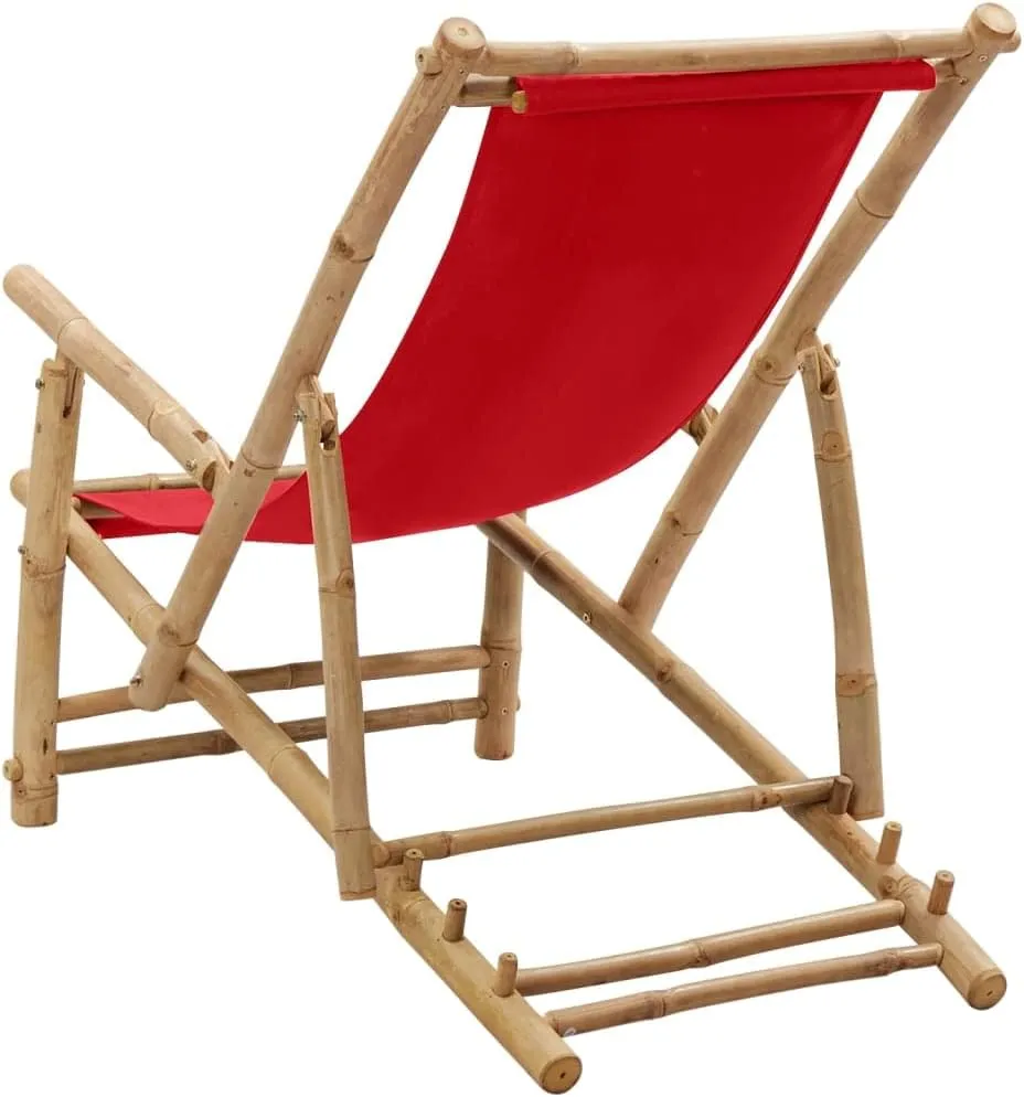 Bamboo Deck Chair Adjustable Lounge Red Foldable Beach Chair with Armrests Patio Furniture for Outdoor Garden Relaxing