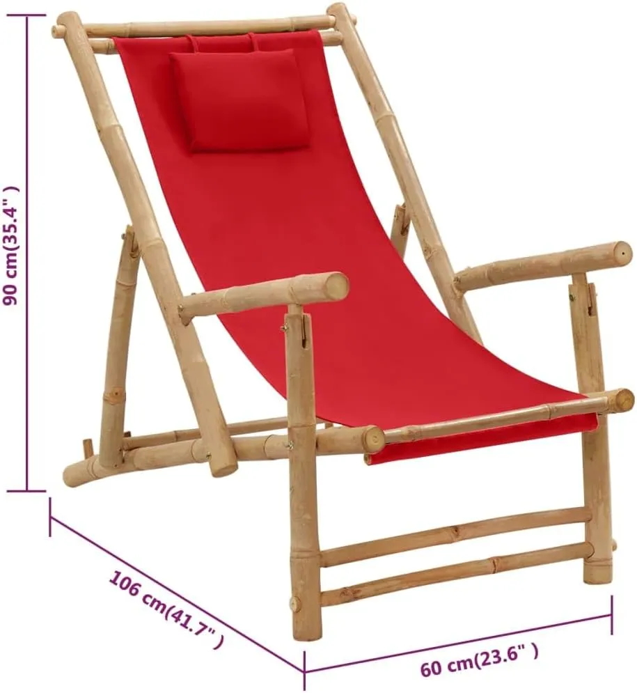 Bamboo Deck Chair Adjustable Lounge Red Foldable Beach Chair with Armrests Patio Furniture for Outdoor Garden Relaxing