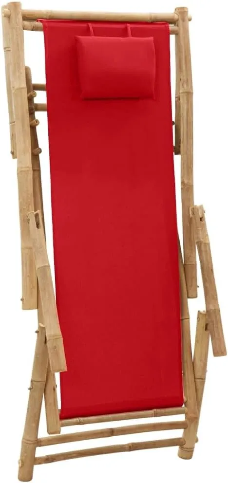 Bamboo Deck Chair Adjustable Lounge Red Foldable Beach Chair with Armrests Patio Furniture for Outdoor Garden Relaxing
