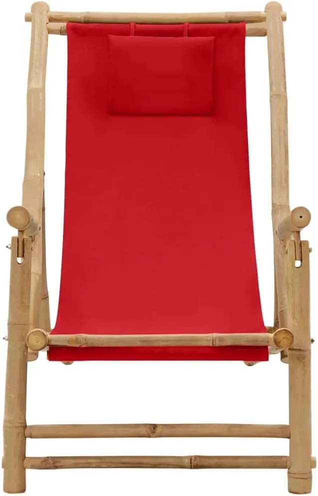 Bamboo Deck Chair Adjustable Lounge Red Foldable Beach Chair with Armrests Patio Furniture for Outdoor Garden Relaxing