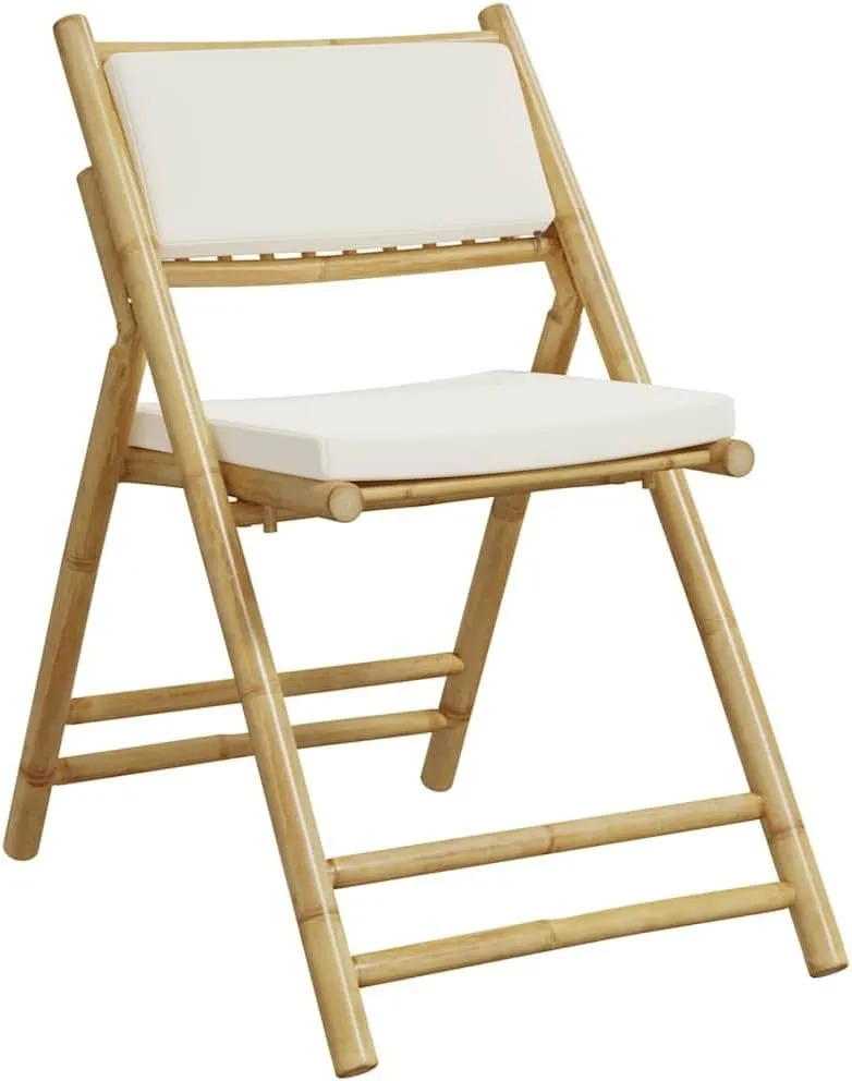 Bamboo Folding Bistro Chairs with Cushions 2-Piece Set Patio Furniture Outdoor Chairs Foldable Design Cream White for Dining Camping Beach
